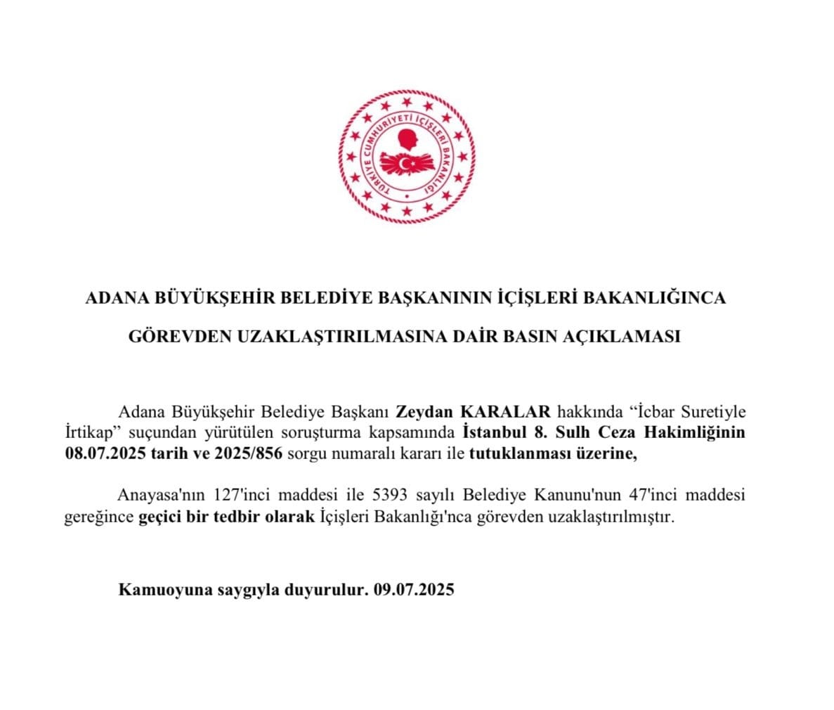 Zeydan Karalar Görevden Uzaklaştırıldı: İçişleri Bakanlığı'ndan Açıklama